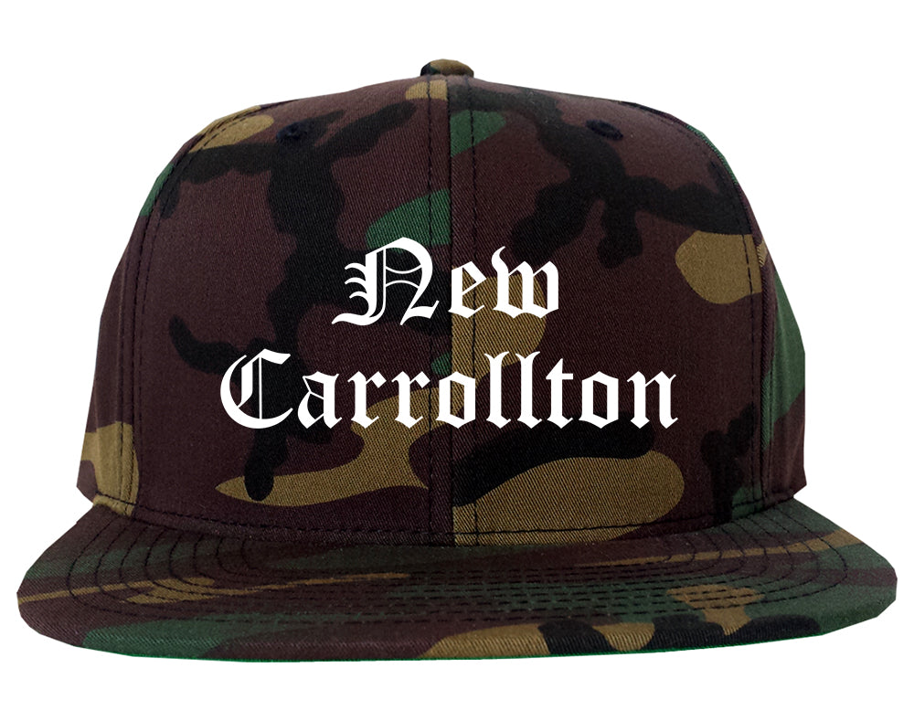 New Carrollton Maryland MD Old English Mens Snapback Hat Army Camo