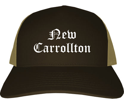 New Carrollton Maryland MD Old English Mens Trucker Hat Cap Brown