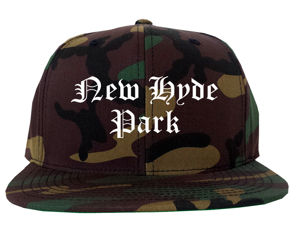 New Hyde Park New York NY Old English Mens Snapback Hat Army Camo