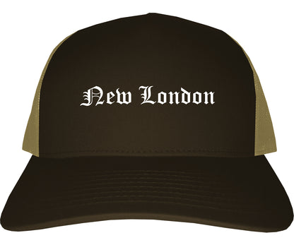 New London Connecticut CT Old English Mens Trucker Hat Cap Brown