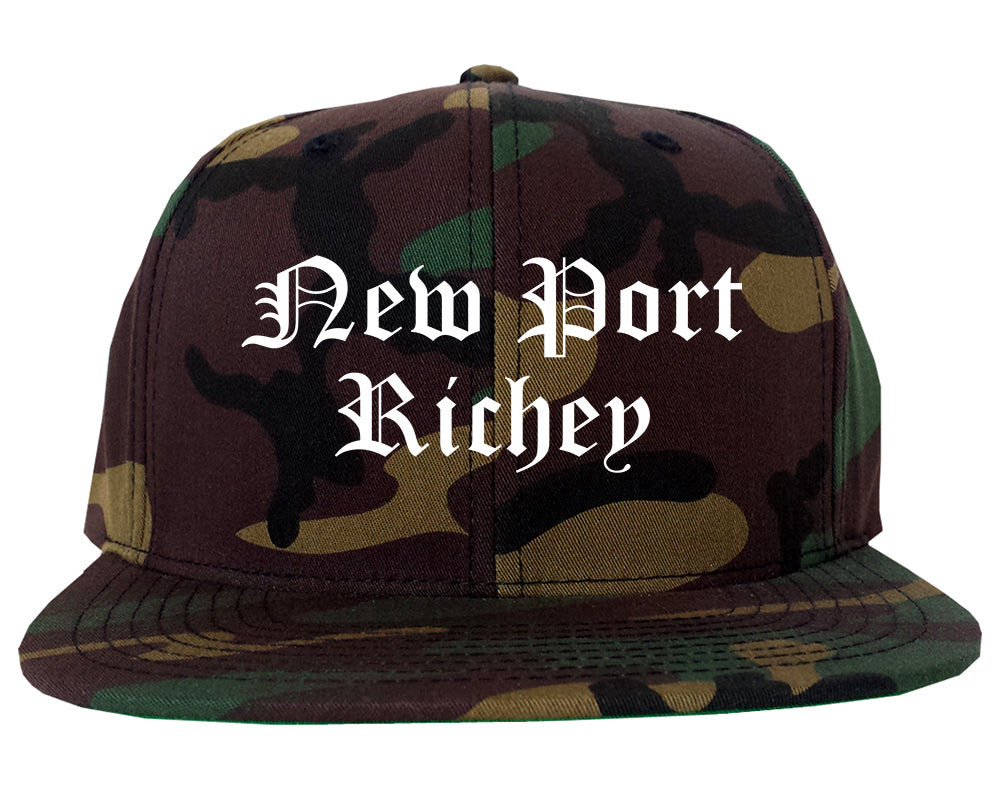 New Port Richey Florida FL Old English Mens Snapback Hat Army Camo