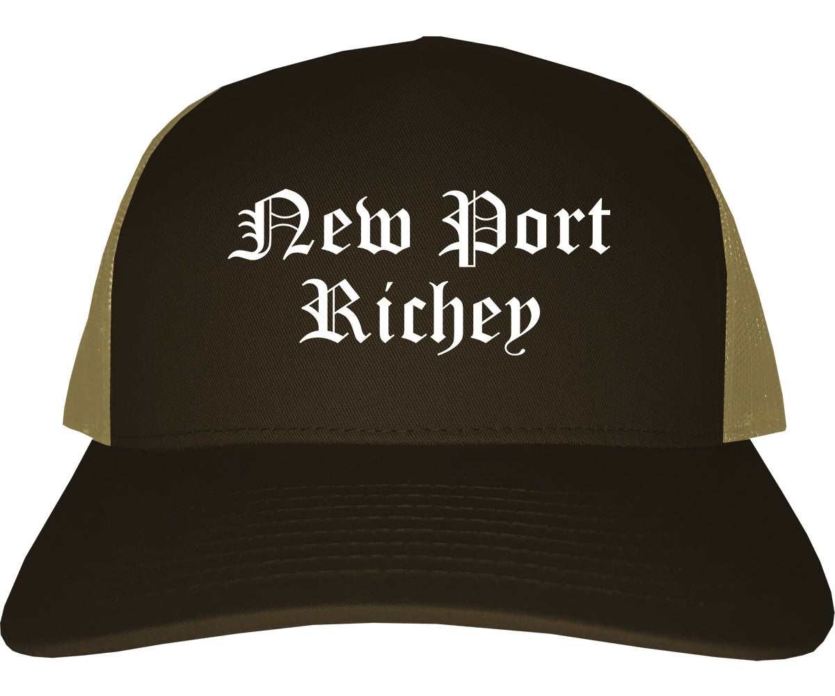 New Port Richey Florida FL Old English Mens Trucker Hat Cap Brown