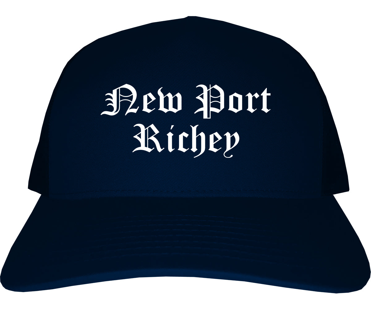 New Port Richey Florida FL Old English Mens Trucker Hat Cap Navy Blue