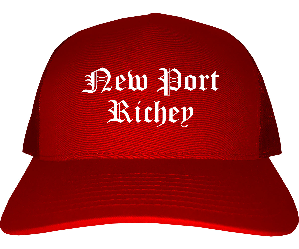 New Port Richey Florida FL Old English Mens Trucker Hat Cap Red