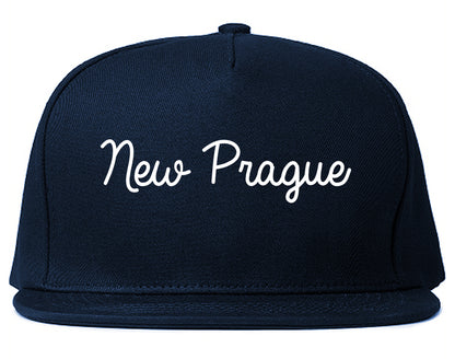 New Prague Minnesota MN Script Mens Snapback Hat Navy Blue