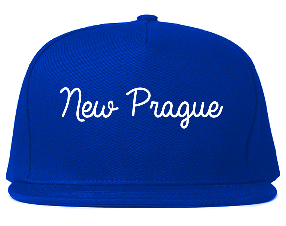 New Prague Minnesota MN Script Mens Snapback Hat Royal Blue