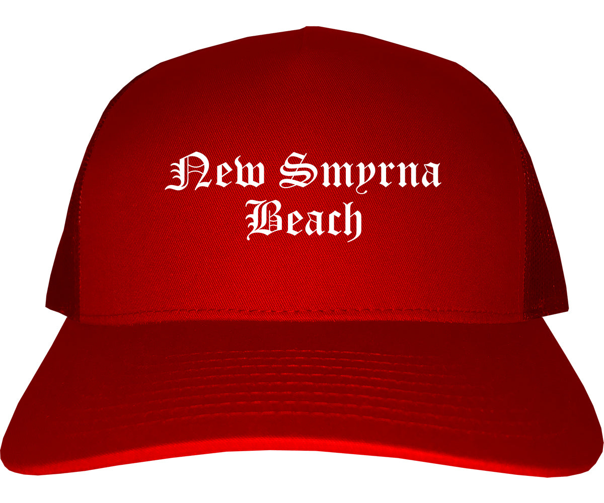 New Smyrna Beach Florida FL Old English Mens Trucker Hat Cap Red