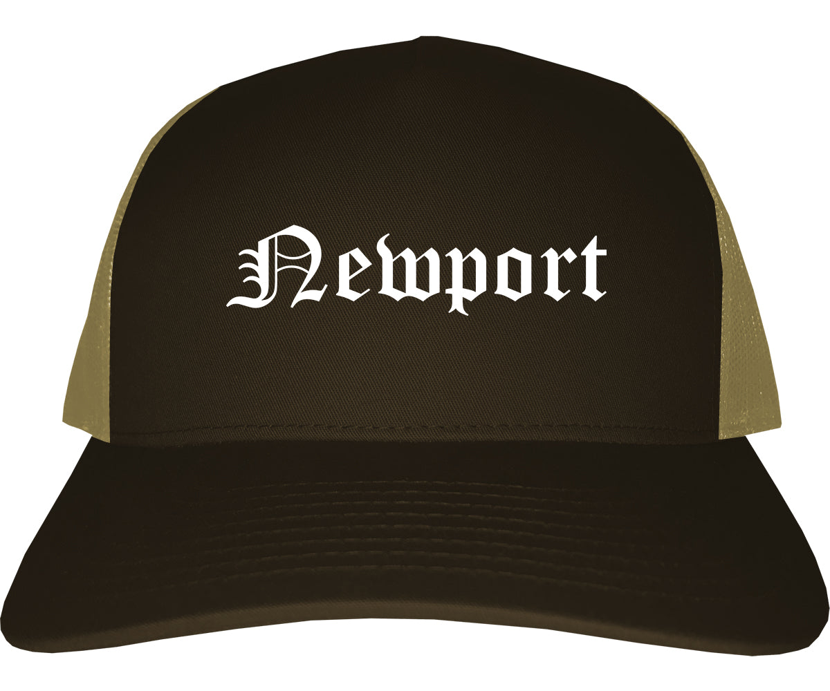 Newport Arkansas AR Old English Mens Trucker Hat Cap Brown