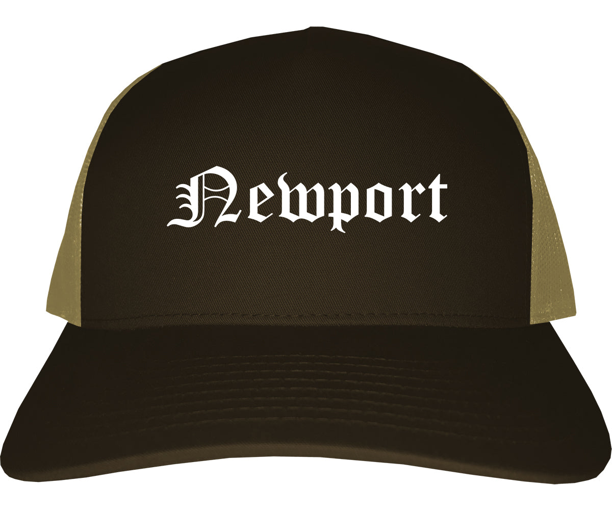 Newport Vermont VT Old English Mens Trucker Hat Cap Brown