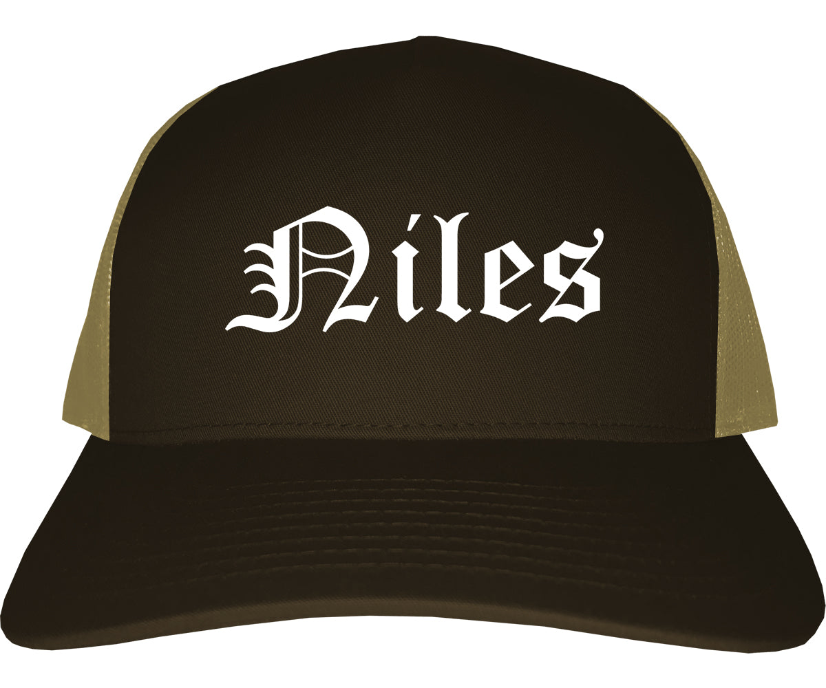 Niles Illinois IL Old English Mens Trucker Hat Cap Brown