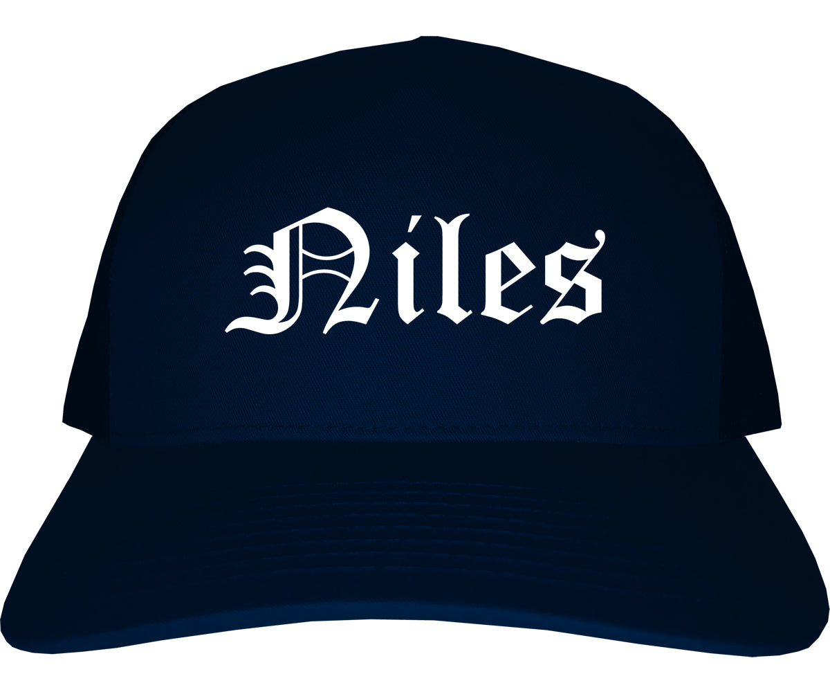 Niles Illinois IL Old English Mens Trucker Hat Cap Navy Blue