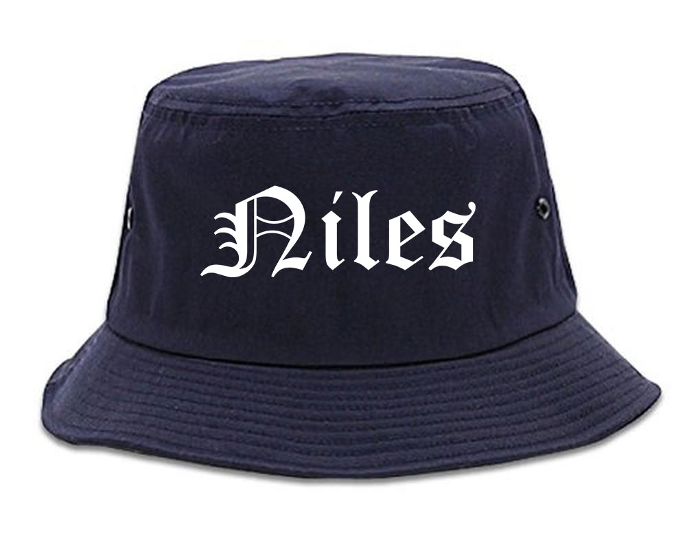 Niles Michigan MI Old English Mens Bucket Hat Navy Blue