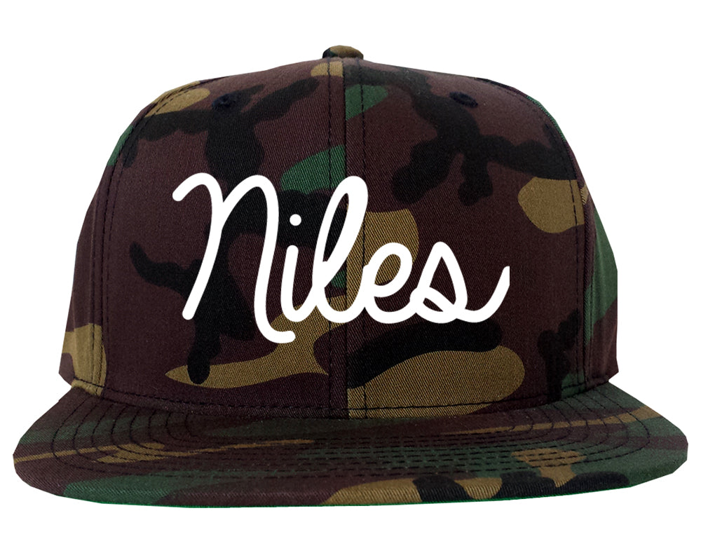 Niles Michigan MI Script Mens Snapback Hat Army Camo