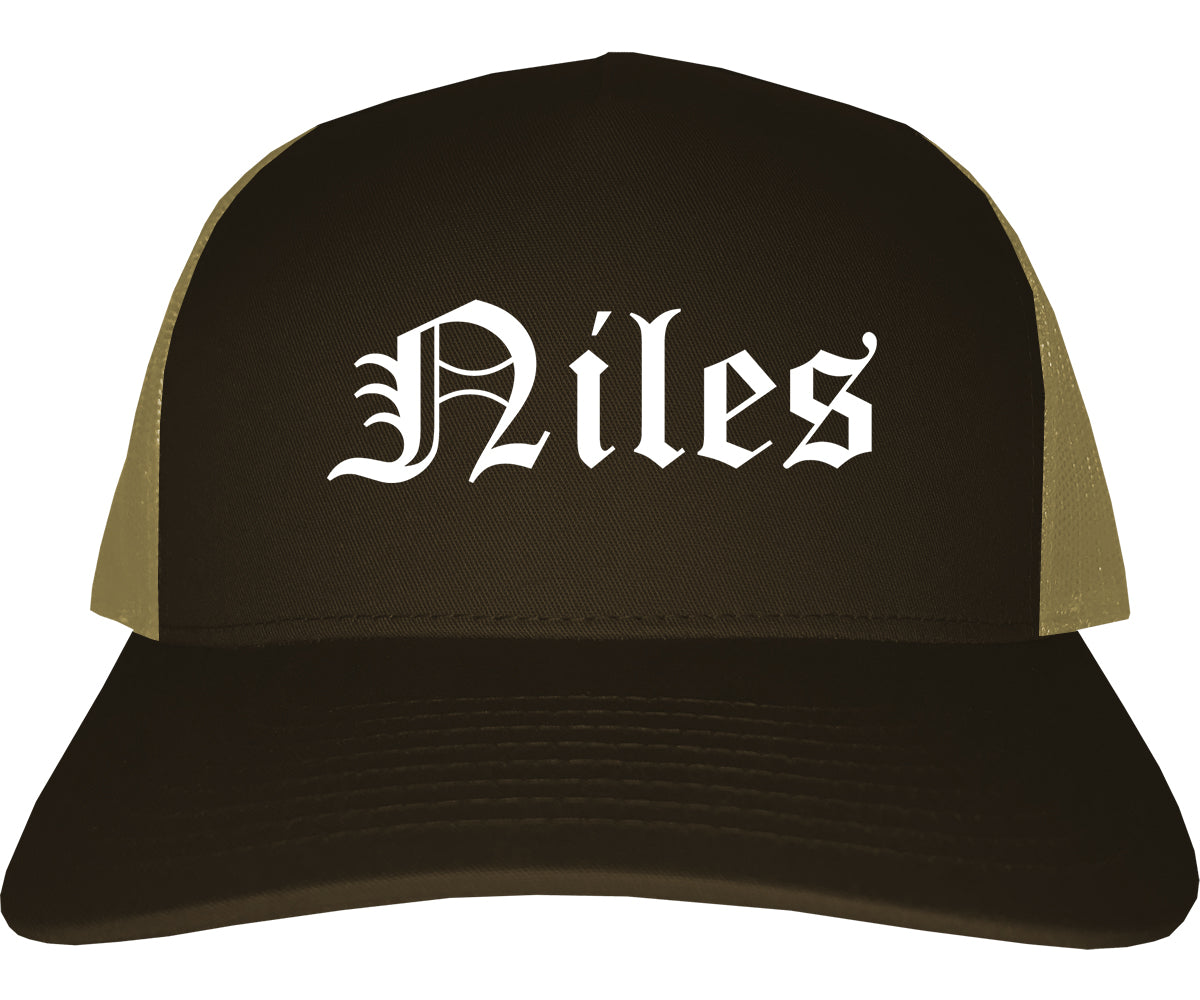 Niles Ohio OH Old English Mens Trucker Hat Cap Brown