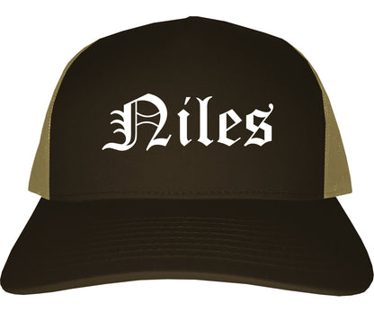 Niles Ohio OH Old English Mens Trucker Hat Cap Brown