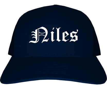 Niles Ohio OH Old English Mens Trucker Hat Cap Navy Blue