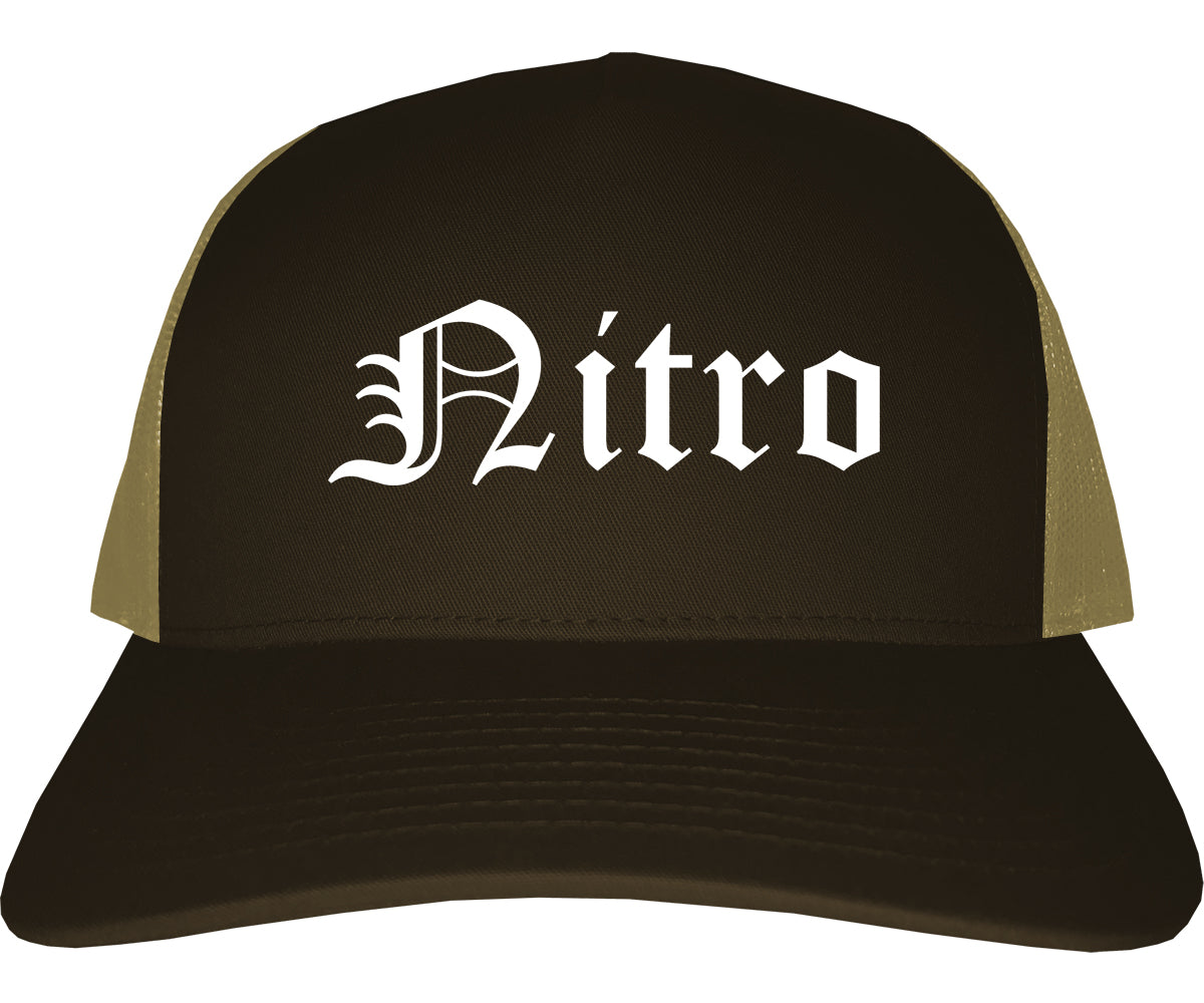 Nitro West Virginia WV Old English Mens Trucker Hat Cap Brown