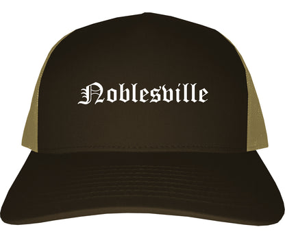 Noblesville Indiana IN Old English Mens Trucker Hat Cap Brown