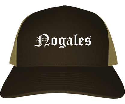 Nogales Arizona AZ Old English Mens Trucker Hat Cap Brown