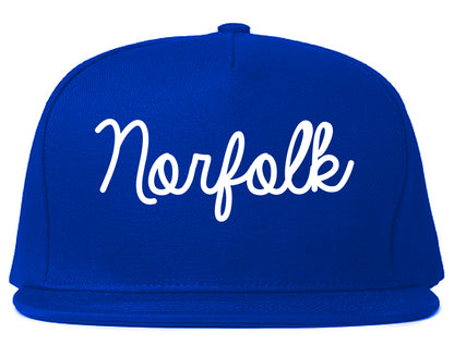 Norfolk Nebraska NE Script Mens Snapback Hat Royal Blue