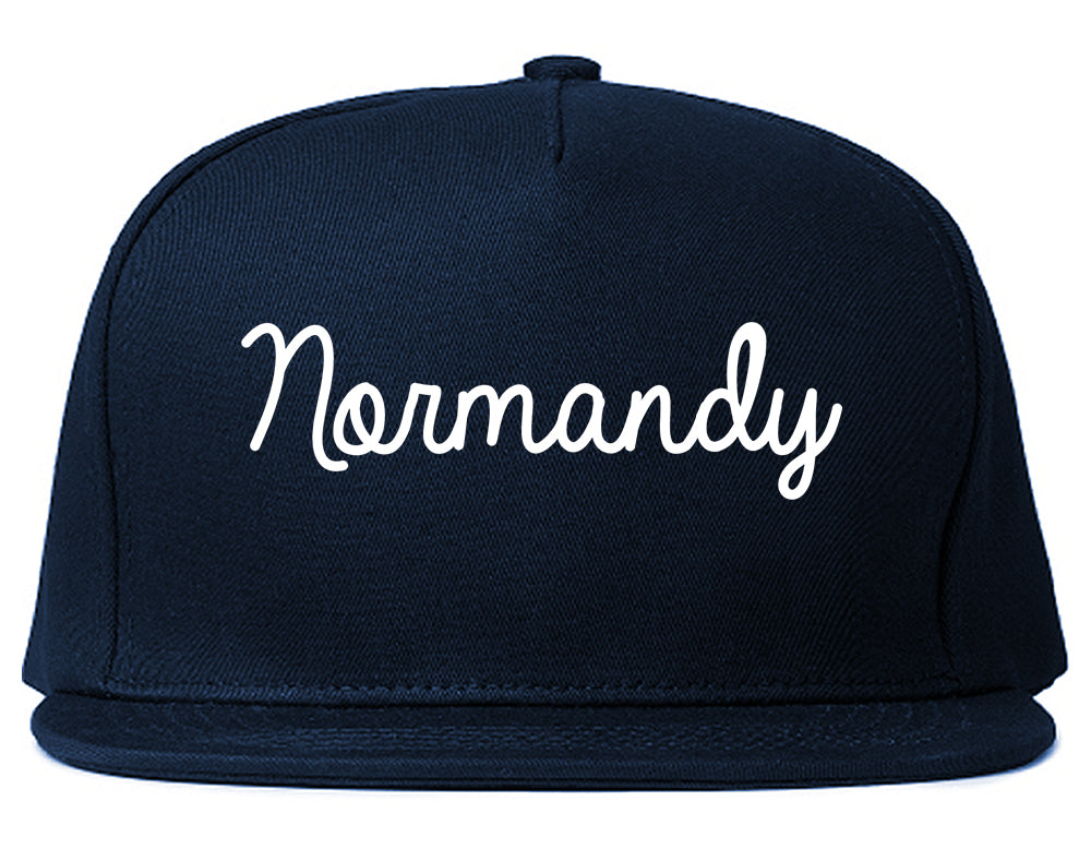 Normandy Missouri MO Script Mens Snapback Hat Navy Blue