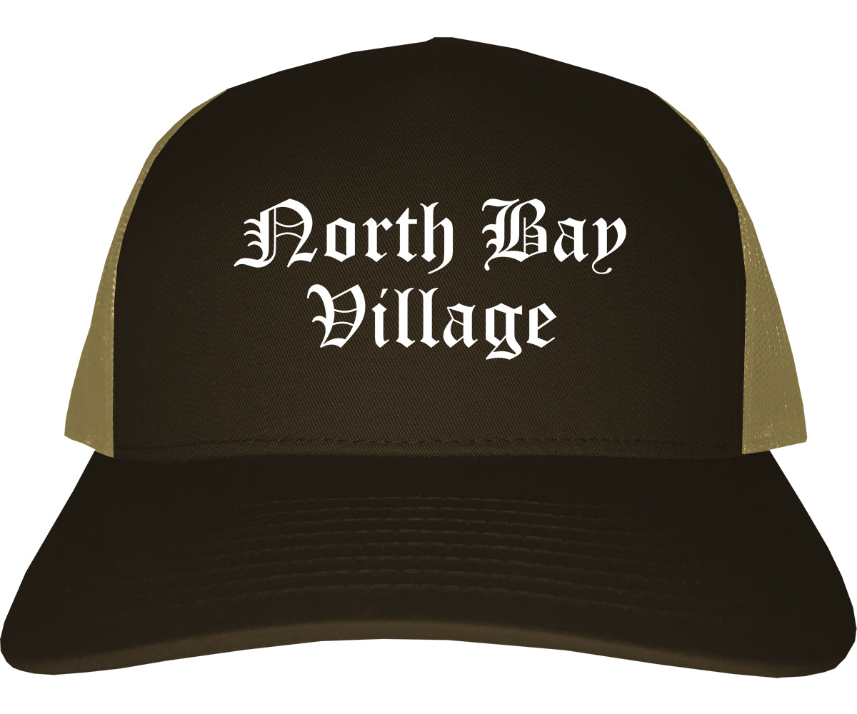 North Bay Village Florida FL Old English Mens Trucker Hat Cap Brown