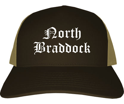 North Braddock Pennsylvania PA Old English Mens Trucker Hat Cap Brown