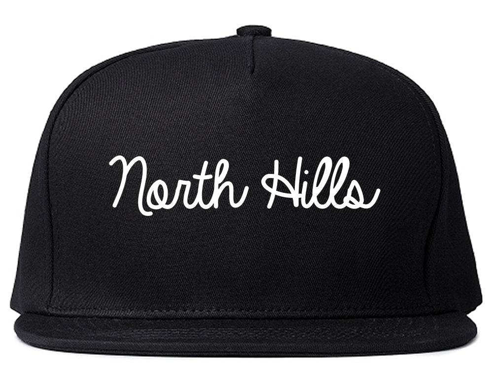 North Hills New York NY Script Mens Snapback Hat Black