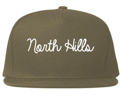 North Hills New York NY Script Mens Snapback Hat Grey