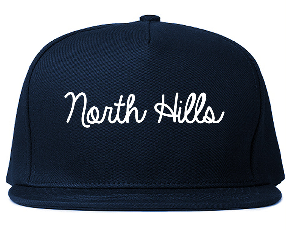 North Hills New York NY Script Mens Snapback Hat Navy Blue