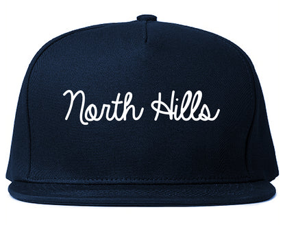 North Hills New York NY Script Mens Snapback Hat Navy Blue