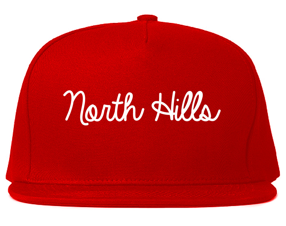 North Hills New York NY Script Mens Snapback Hat Red