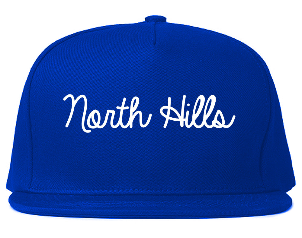 North Hills New York NY Script Mens Snapback Hat Royal Blue