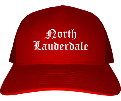 North Lauderdale Florida FL Old English Mens Trucker Hat Cap Red