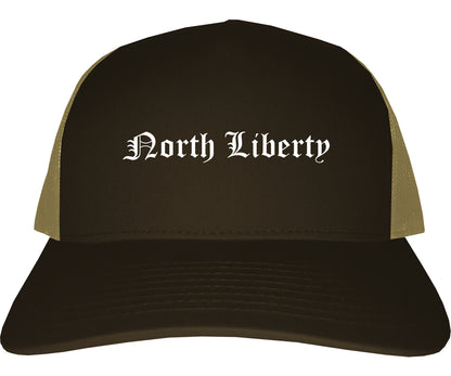 North Liberty Iowa IA Old English Mens Trucker Hat Cap Brown