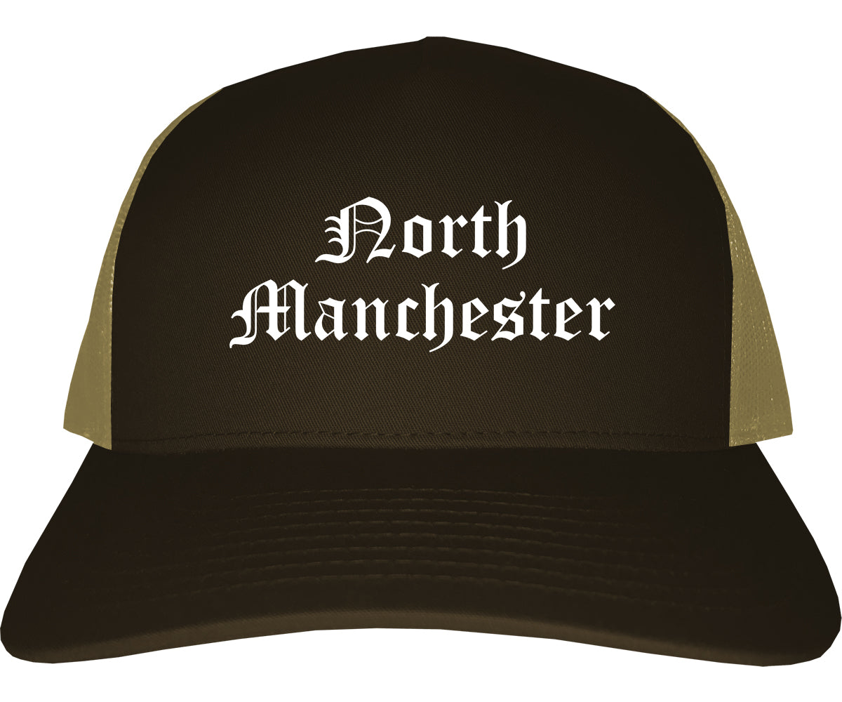North Manchester Indiana IN Old English Mens Trucker Hat Cap Brown