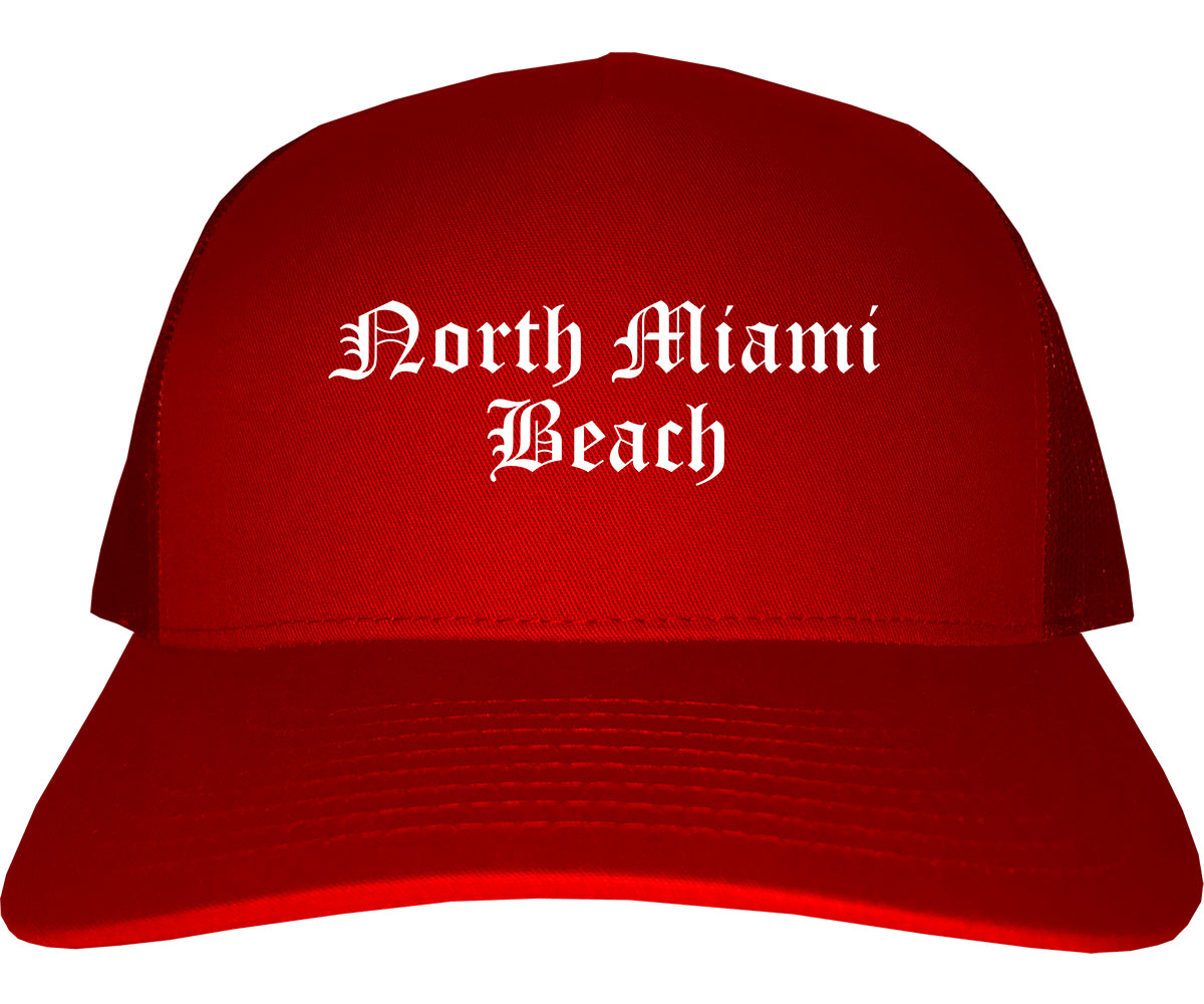 North Miami Beach Florida FL Old English Mens Trucker Hat Cap Red