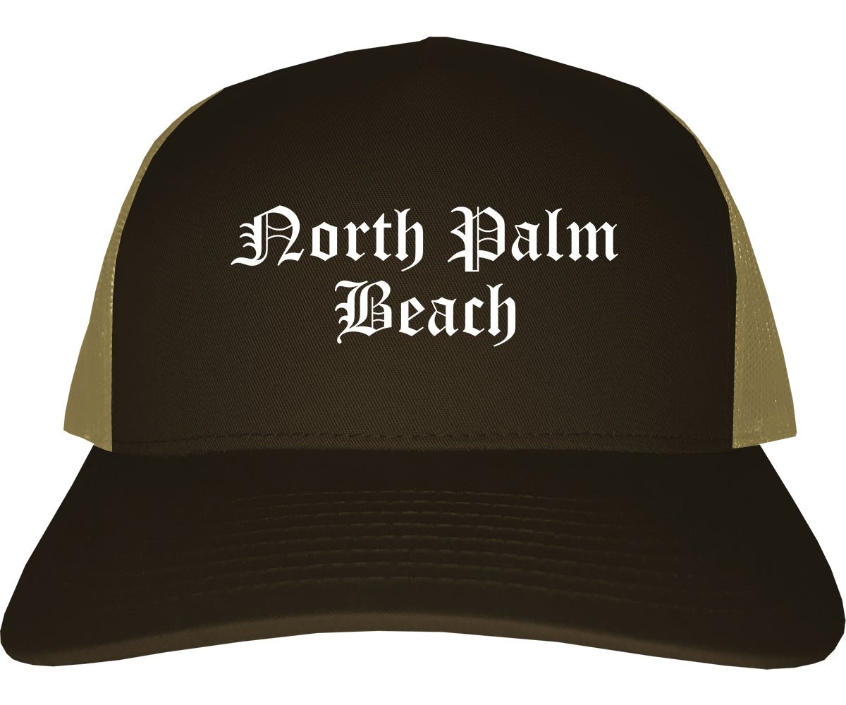 North Palm Beach Florida FL Old English Mens Trucker Hat Cap Brown