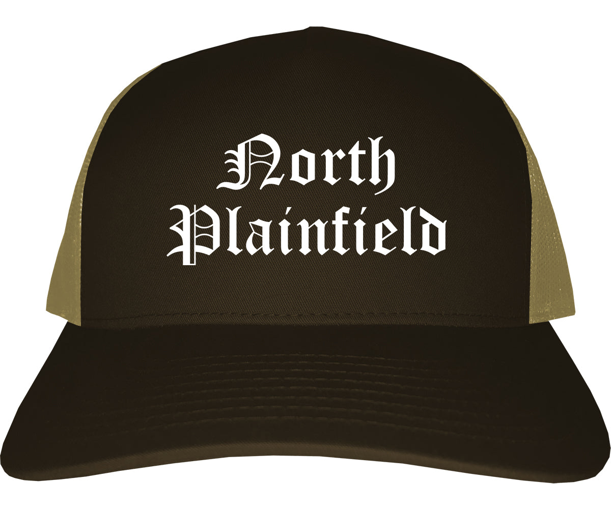 North Plainfield New Jersey NJ Old English Mens Trucker Hat Cap Brown