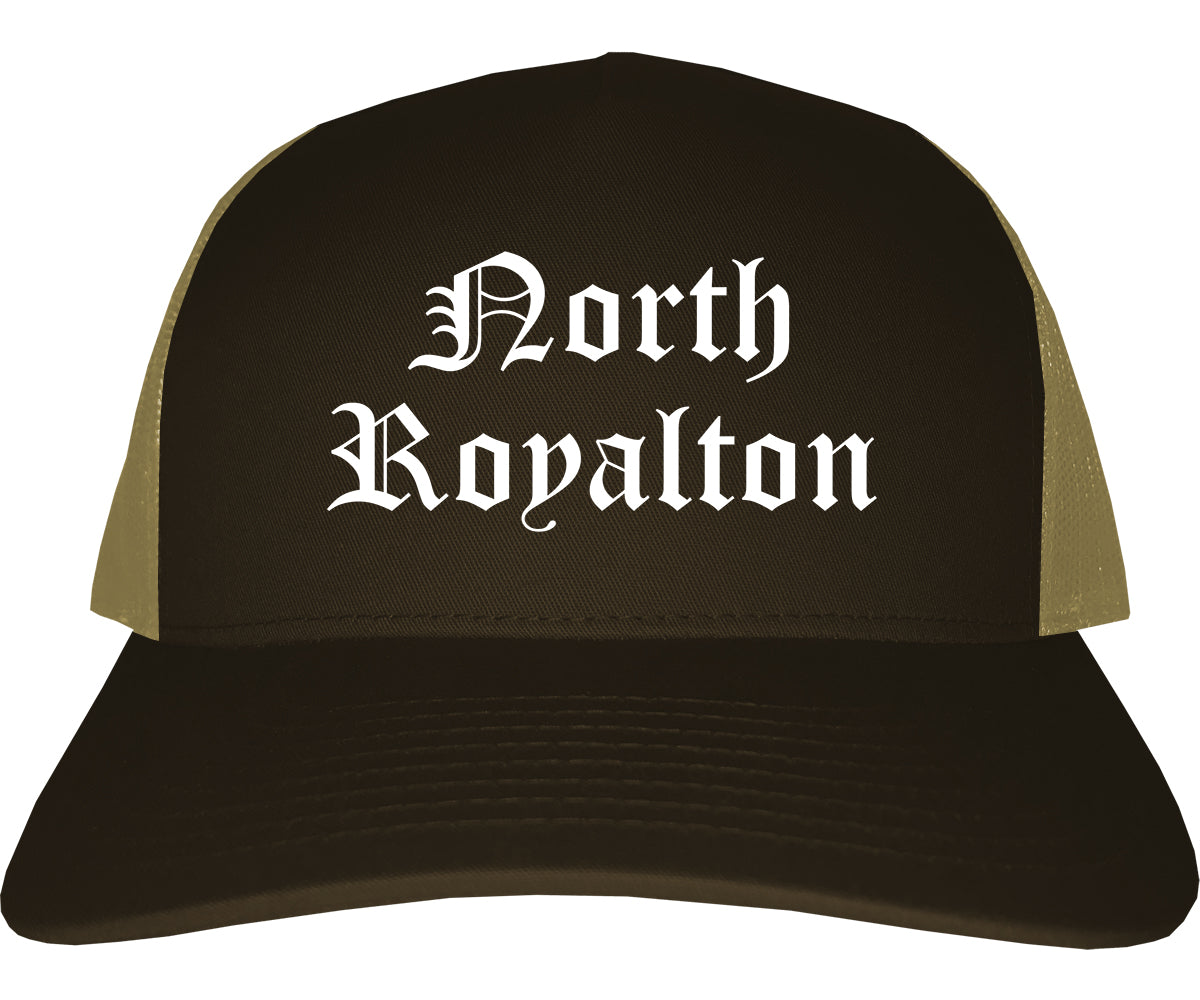North Royalton Ohio OH Old English Mens Trucker Hat Cap Brown