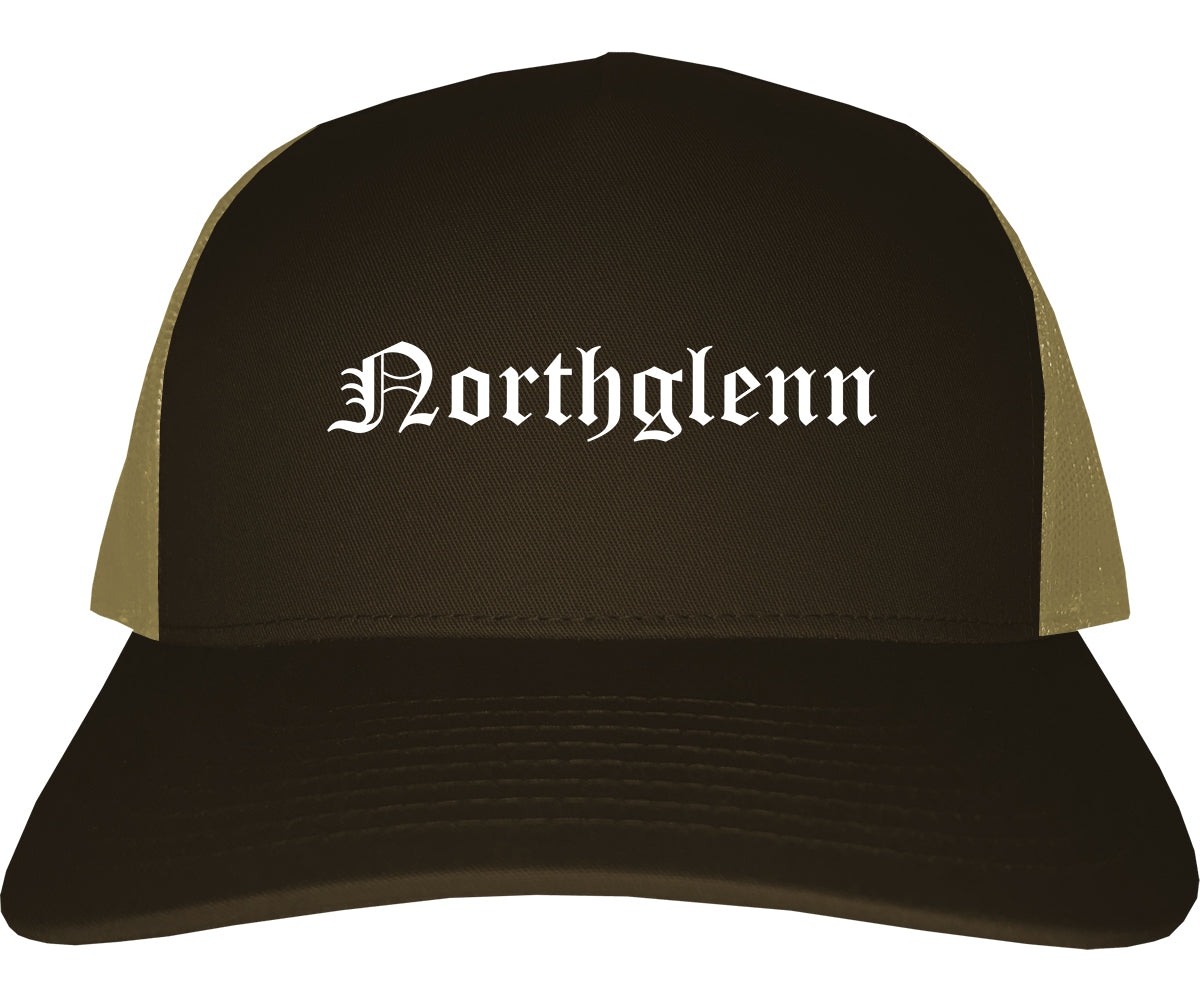 Northglenn Colorado CO Old English Mens Trucker Hat Cap Brown