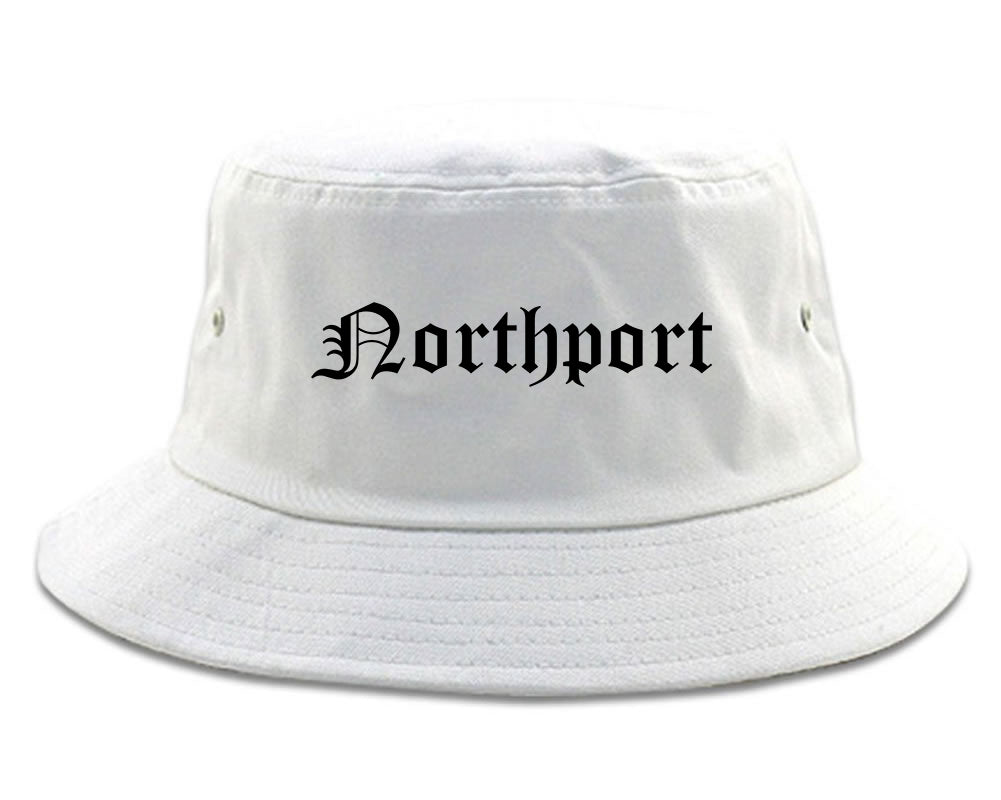Northport New York NY Old English Mens Bucket Hat White