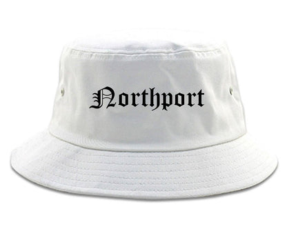 Northport New York NY Old English Mens Bucket Hat White