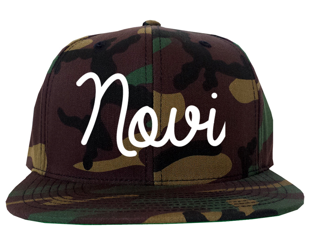 Novi Michigan MI Script Mens Snapback Hat Army Camo