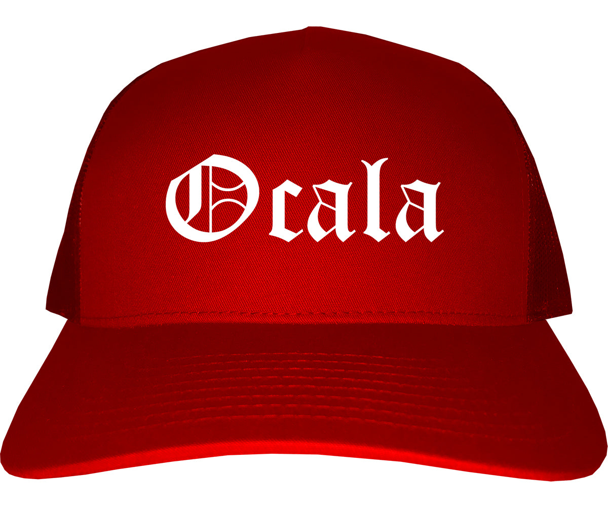 Ocala Florida FL Old English Mens Trucker Hat Cap Red