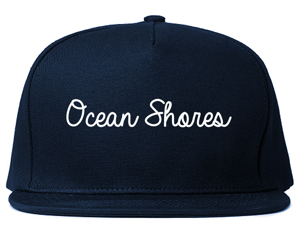 Ocean Shores Washington WA Script Mens Snapback Hat Navy Blue