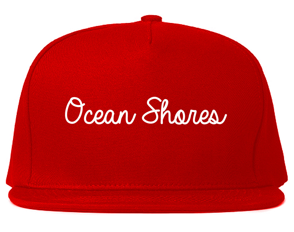 Ocean Shores Washington WA Script Mens Snapback Hat Red