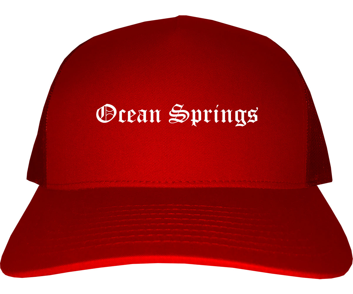 Ocean Springs Mississippi MS Old English Mens Trucker Hat Cap Red