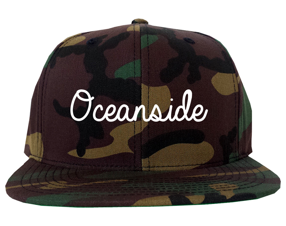 Oceanside California CA Script Mens Snapback Hat Army Camo