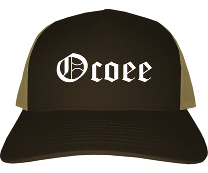 Ocoee Florida FL Old English Mens Trucker Hat Cap Brown
